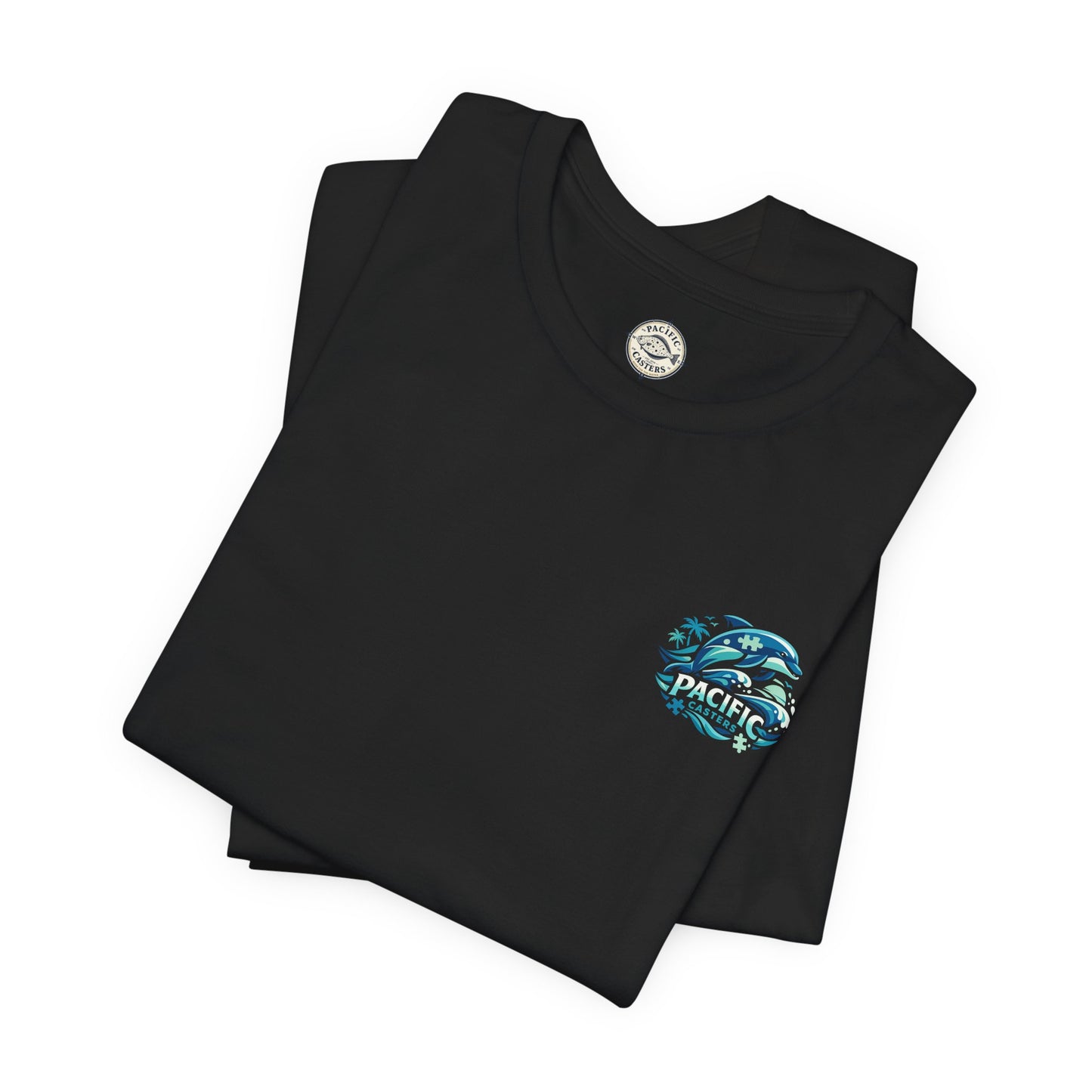 Pacific Casters Dolphin Surf Tee - Ocean Puzzle Logo Short Sleeve Shirt