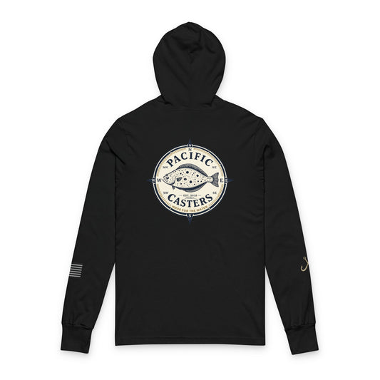 Pacific Casters Halibut Compass Hooded Long Sleeve Fishing Tee | Lightweight UPF Coastal Angler Shirt
